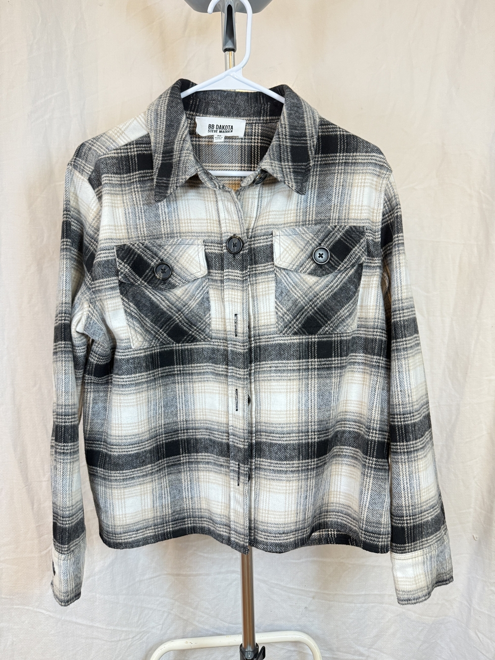 Steve Madden BB Dakota Men’s Black & Cream Plaid Button-Front Flannel Shirt sz M